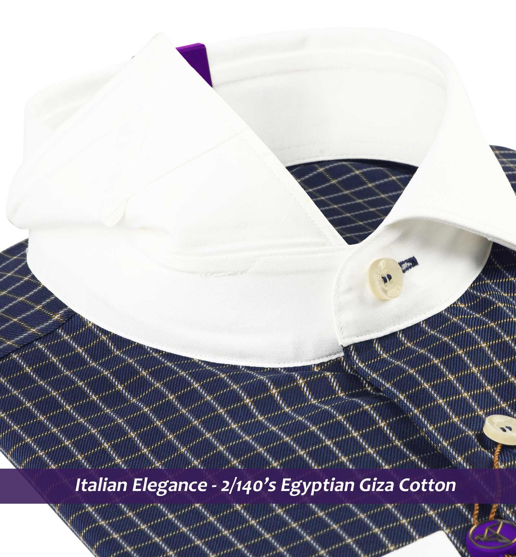 Porus- Navy & White Check- White Collar- 2/140 Egyptian Giza Cotton