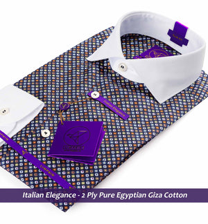 Sorrento- Navy Blue & Orange Print- White Collar