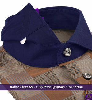 Rochelle- Caramel Brown & Navy Check- Navy Collar