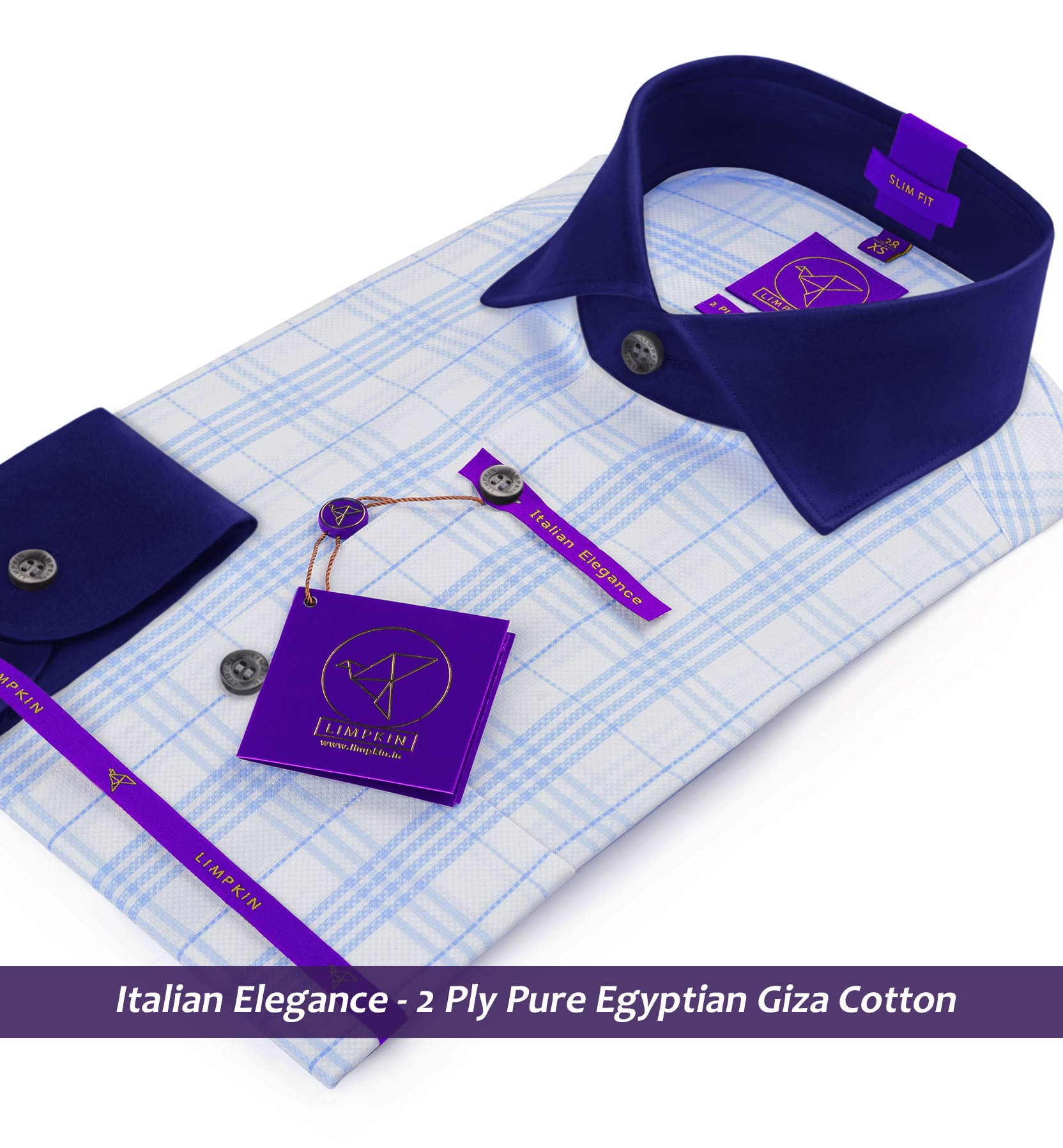 Orlando- Azure Blue & White Check- Navy Collar