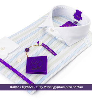 Morrison- Azure Blue & Beige Stripe- White Collar