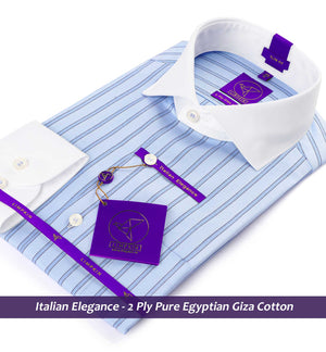 Milano- Azure Blue & Navy Stripe- White Collar