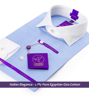 Regina- Azure Blue & Grey Check- White Collar