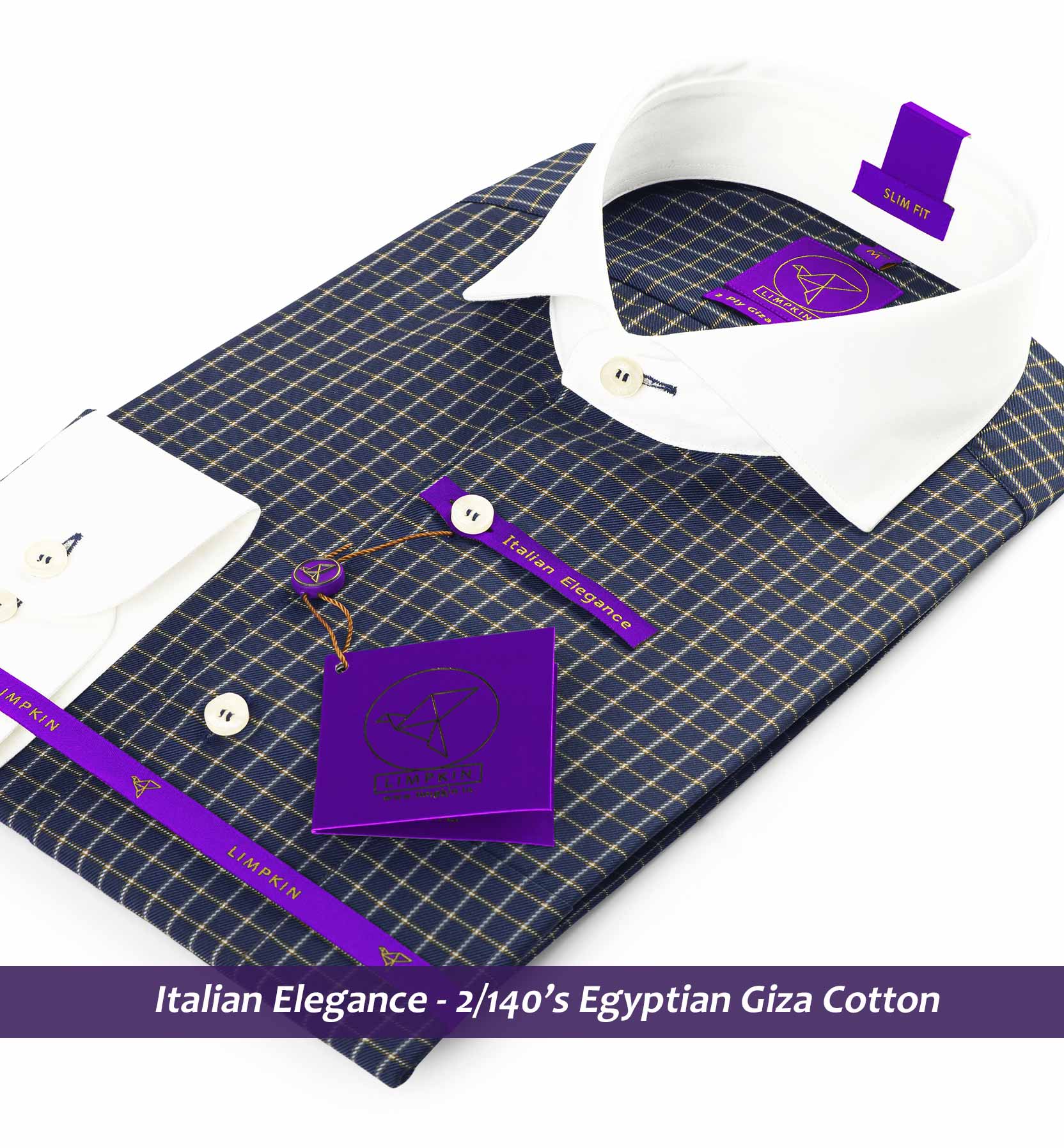 Porus- Navy & White Check- White Collar- 2/140 Egyptian Giza Cotton