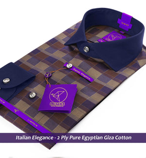 Glasgow- Navy & Caramel Brown Check- Navy Collar