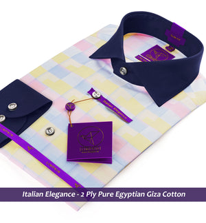 Portugal- Daffodil Yellow & Pink Check- Navy Collar