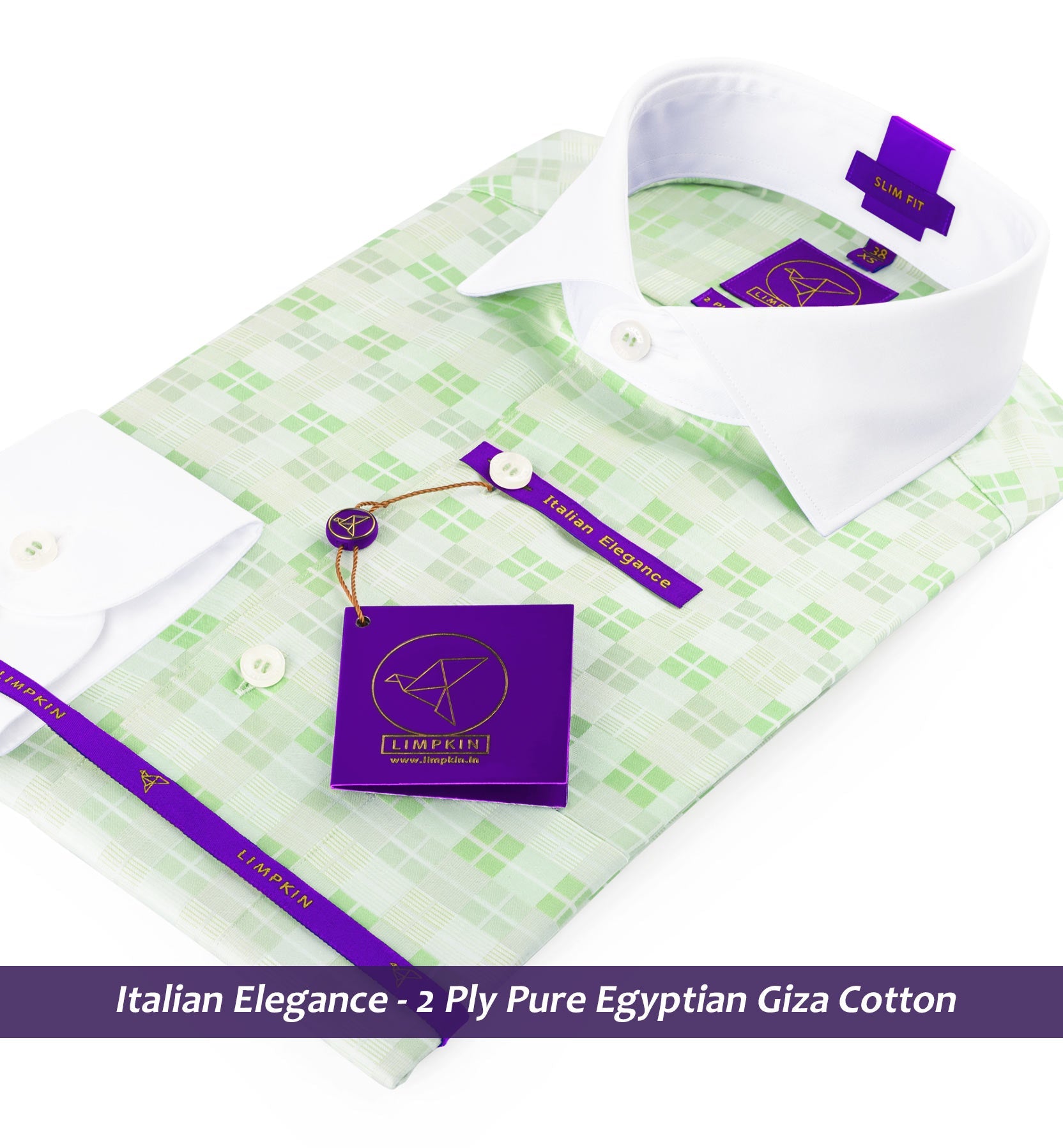 Rome- Pistachio Green & Beige Check- White Collar
