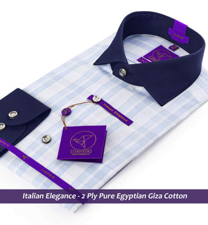 Porus- Cerulean Blue & White Check- Navy Collar