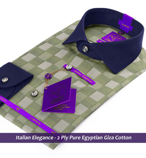 Athens- Moss Green & Beige Check- Navy Collar