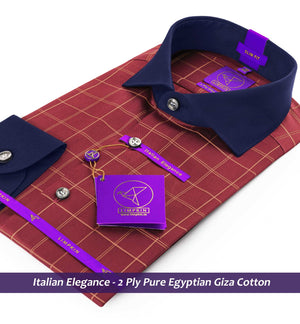 Huesca- Burgundy & Beige Check- Navy Collar