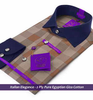 Rochelle- Caramel Brown & Navy Check- Navy Collar