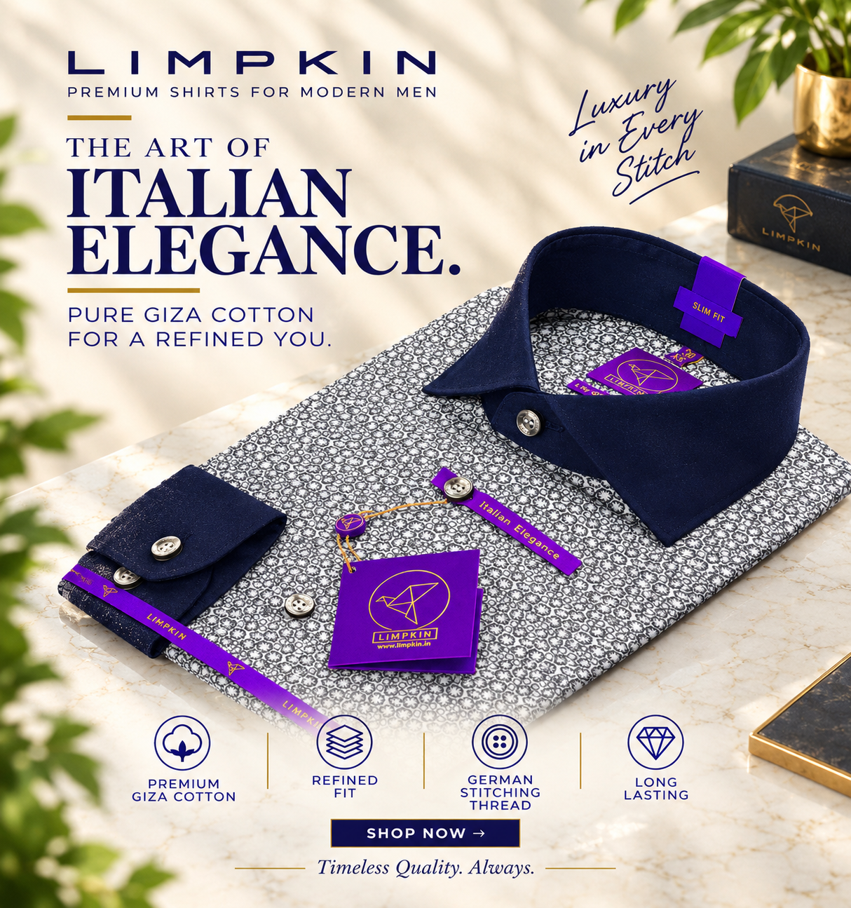 Memphis- Flint Grey & White Print- Navy Collar