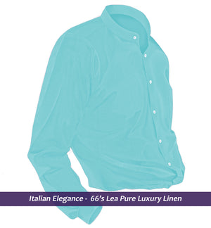 Munich- Turquoise Green Linen- Mandarin Collar- 66's Lea Pure Luxury Linen-  Delivery from 7th May