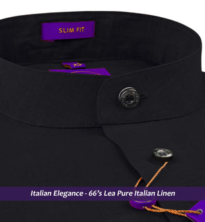 Arnhem- Black Solid Linen- Mandarin Collar
