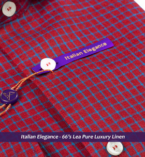 Hamburg- Hibiscus Red & Cerulean Blue Check- 66's Lea Pure Luxury Linen