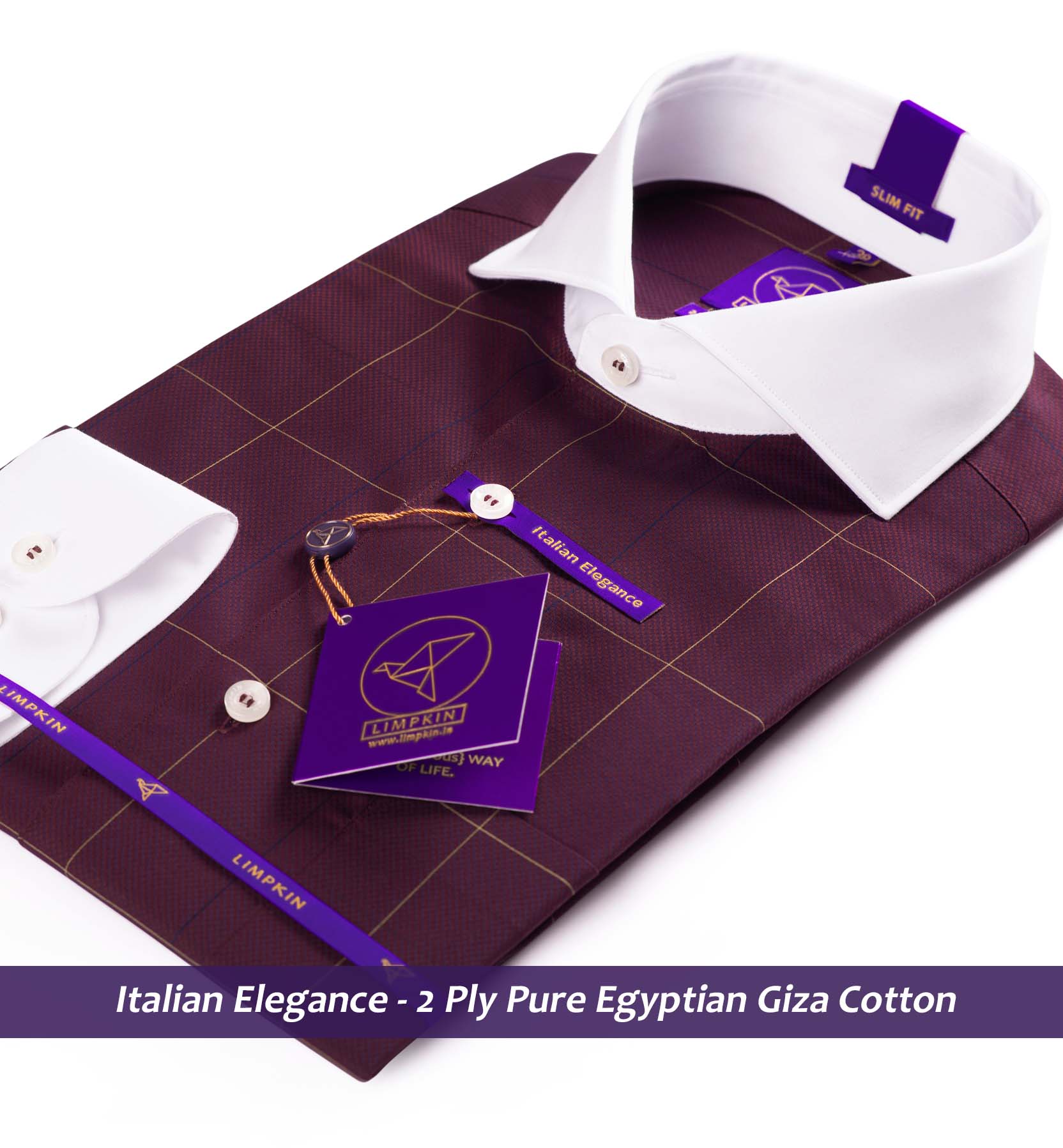 Check Shirt - Burgundy & White Collar | Formal Shirts for Men - Limpkin