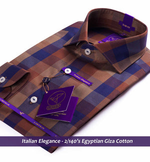 Nevada- Navy & Brown Check- 2/140 Egyptian Giza Cotton