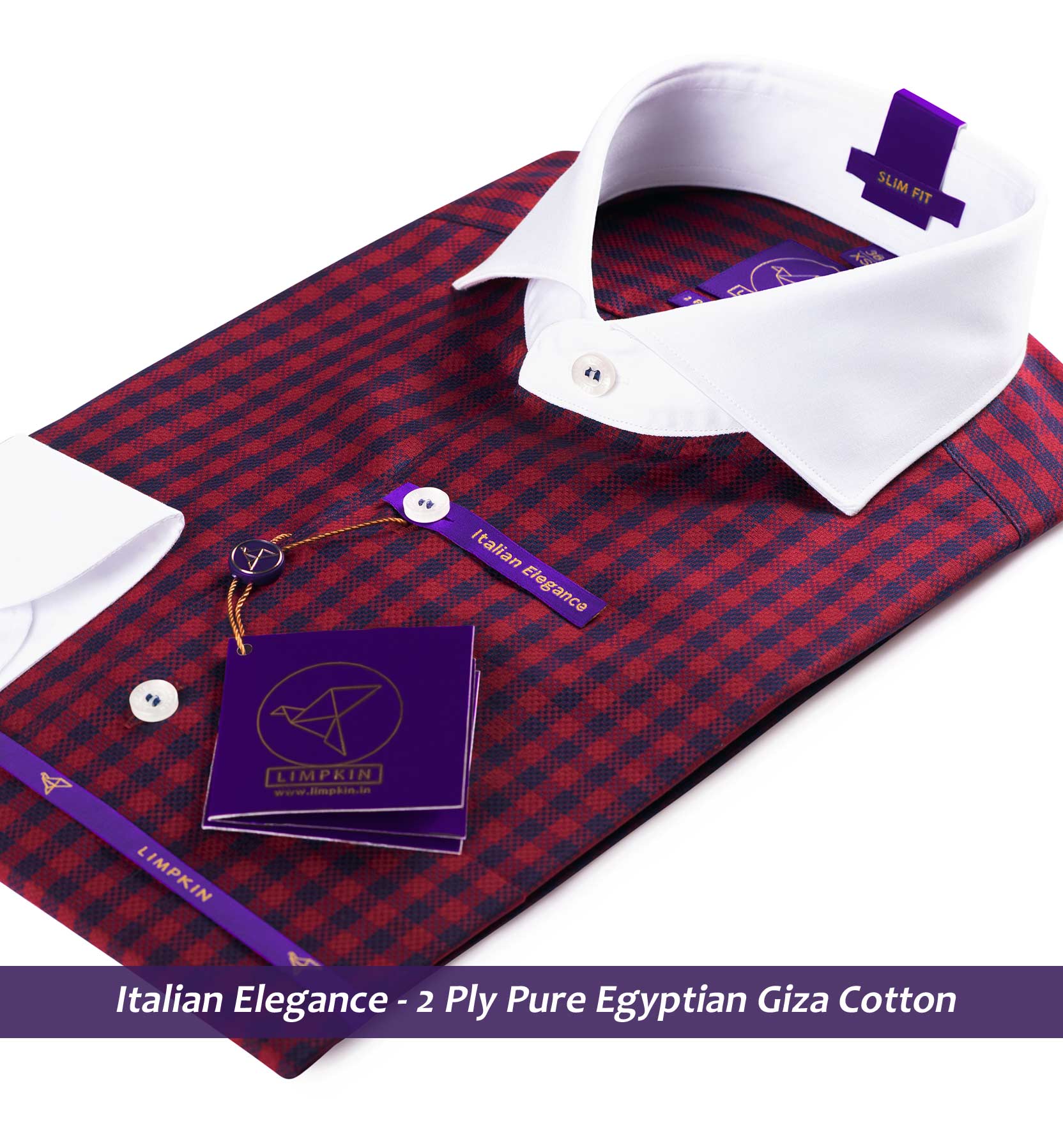 Cremona- Burgundy & Navy Check- White Collar