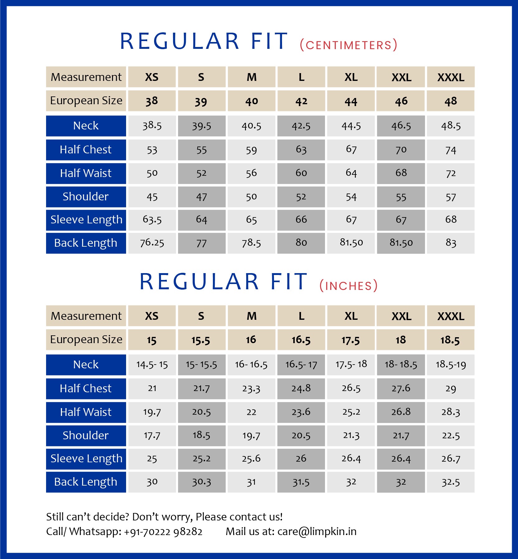 Limpkin- Regular Fit- Measurement Chart